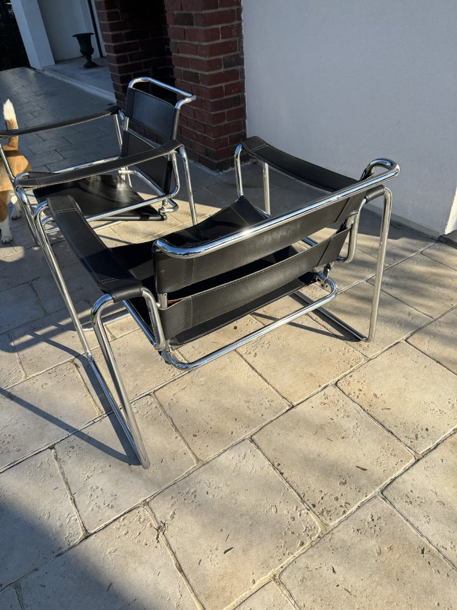 Ancienne paire de fauteuils vintage dans le gout Wassily Brauer vers 1980-photo-5