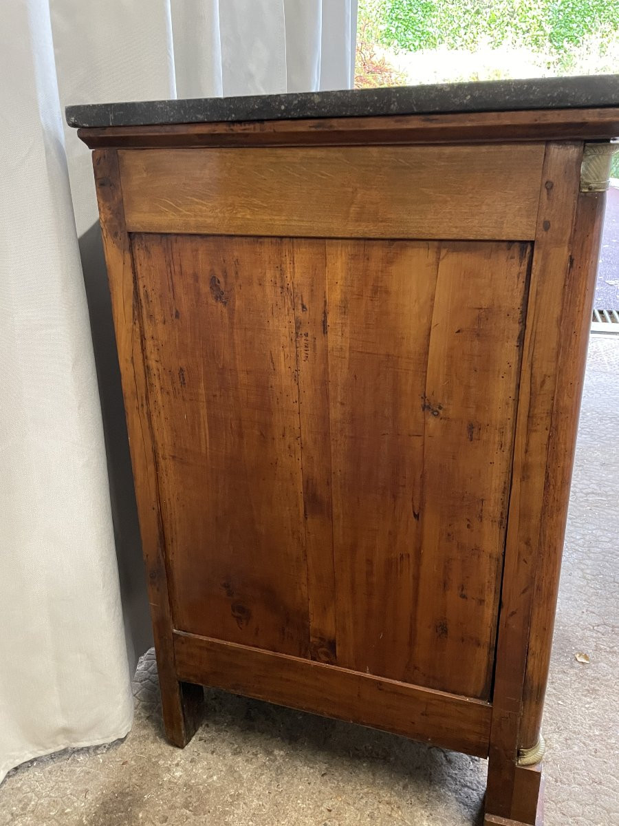 Ancienne Commode Empire à Demi Colonnes En Bois Fruitier Début Du XIX Eme Dessus Marbre -photo-3