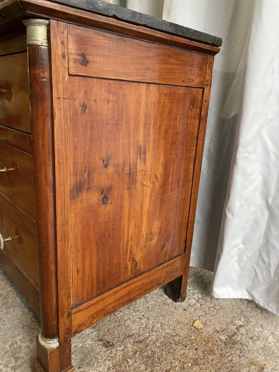 Ancienne Commode Empire à Demi Colonnes En Bois Fruitier Début Du XIX Eme Dessus Marbre -photo-4