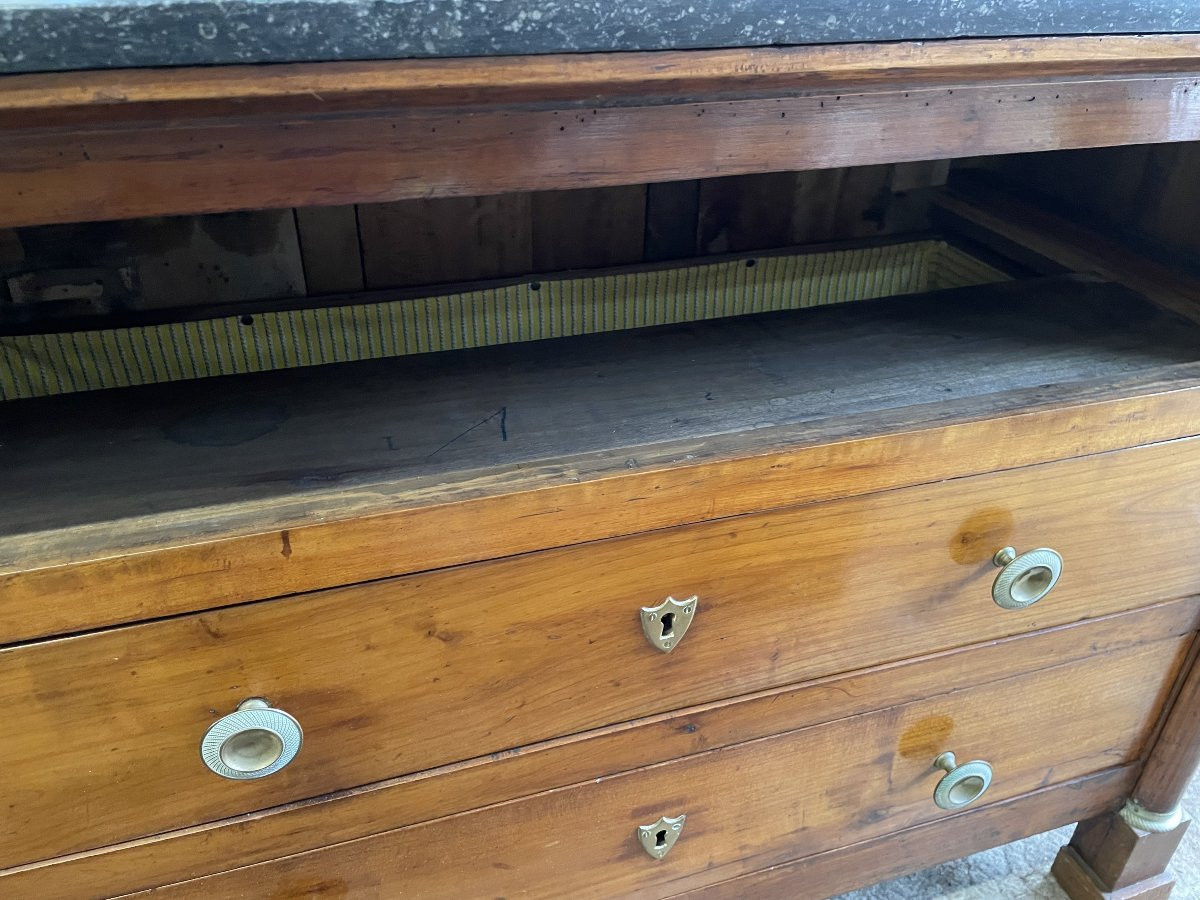 Ancienne Commode Empire à Demi Colonnes En Bois Fruitier Début Du XIX Eme Dessus Marbre -photo-3