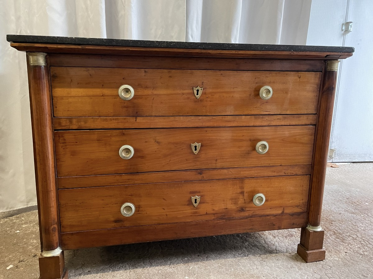 Ancienne Commode Empire à Demi Colonnes En Bois Fruitier Début Du XIX Eme Dessus Marbre 