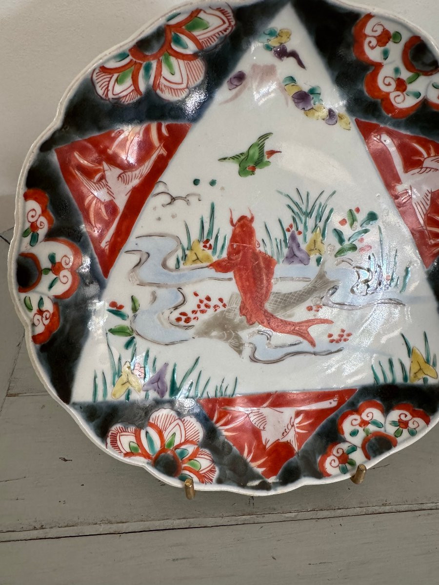 Antique Japanese Imari Porcelain Plate, 19th Century, Fish Decoration-photo-5