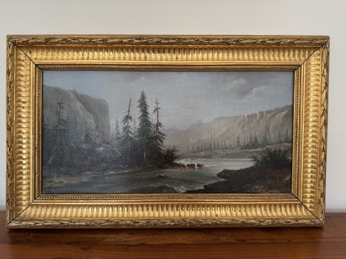 Old Mountain Painting Oil On Canvas By L Delarue Period 19th Century Hst 1 Of 2 -photo-2