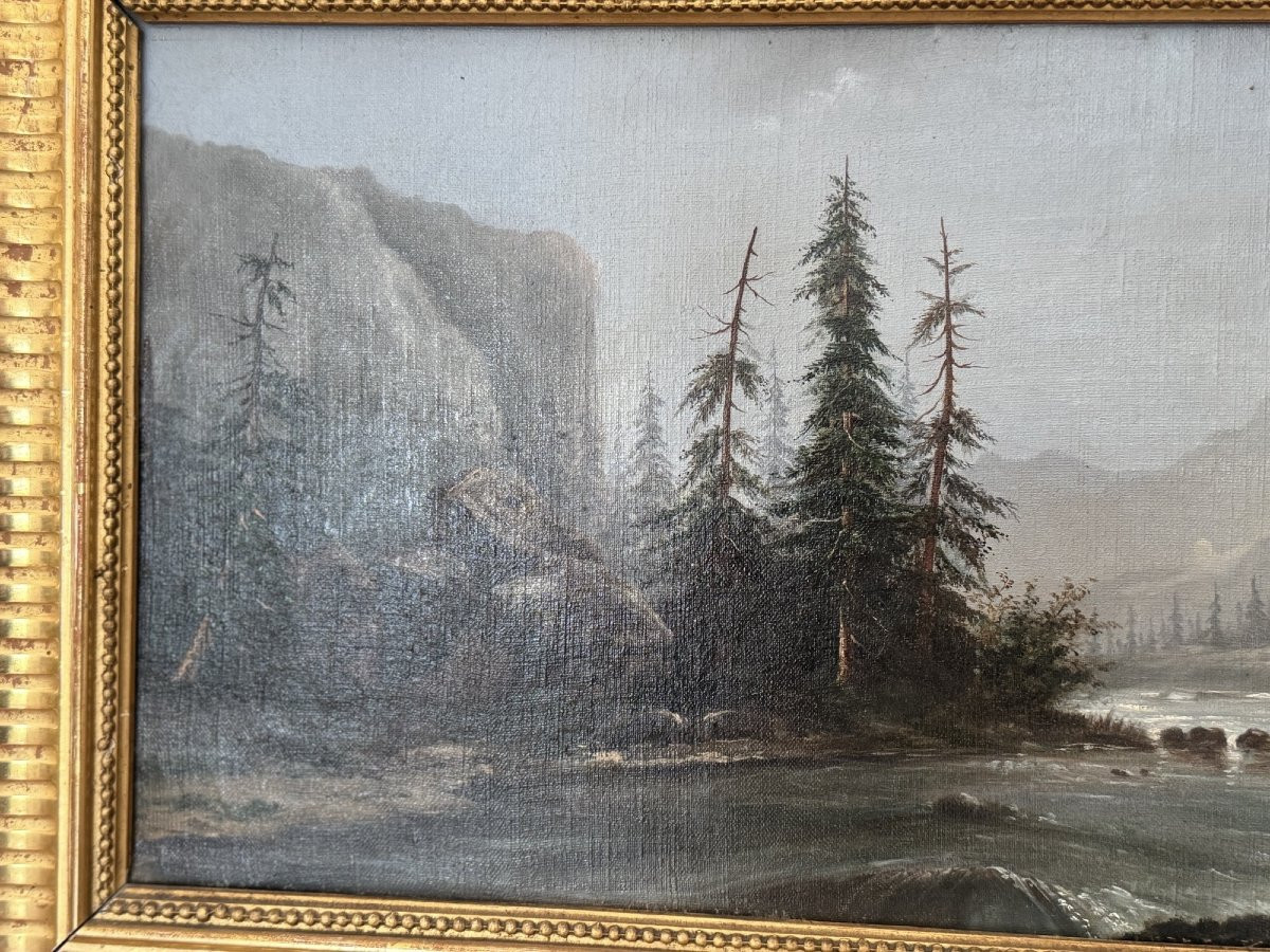 Old Mountain Painting Oil On Canvas By L Delarue Period 19th Century Hst 1 Of 2 -photo-1