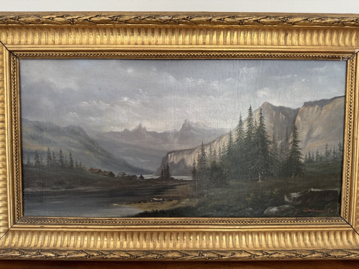 Old Mountain Painting By L Delarue, 19th Century Period. Oil On Canvas. Hst 2 Of 2 -photo-1