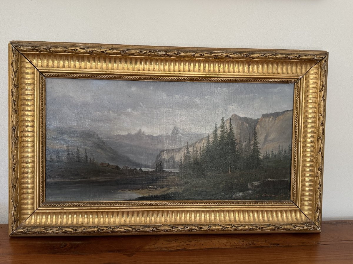 Old Mountain Painting By L Delarue, 19th Century Period. Oil On Canvas. Hst 2 Of 2 -photo-2