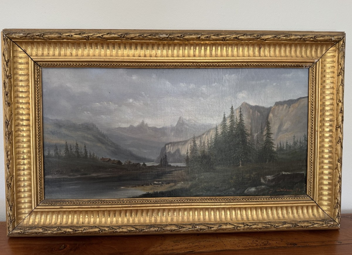 Old Mountain Painting By L Delarue, 19th Century Period. Oil On Canvas. Hst 2 Of 2 