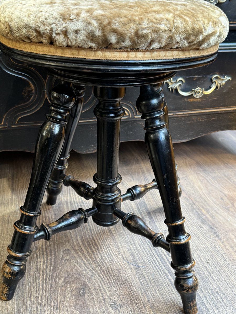 Antique Piano Stool In Blackened Wood, 19th Century, Napoleon III -photo-3