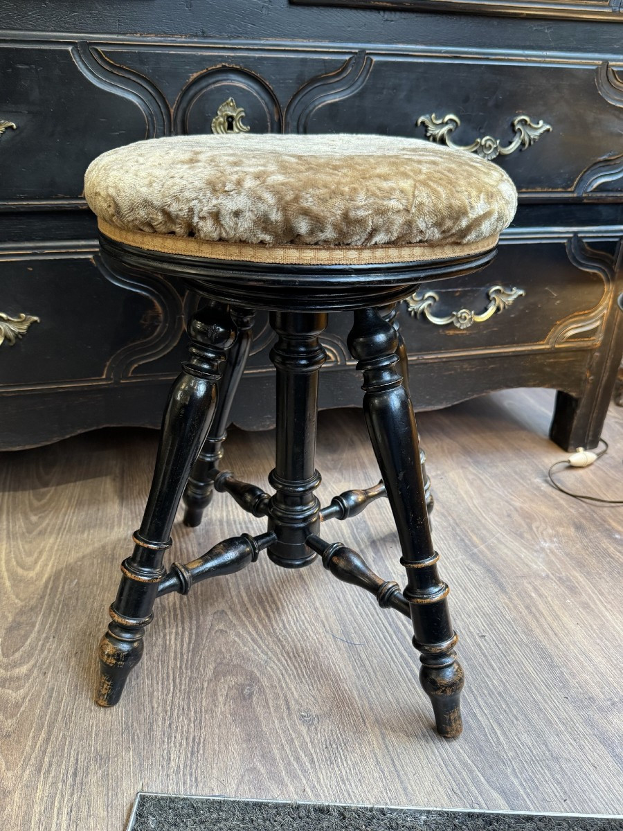 Antique Piano Stool In Blackened Wood, 19th Century, Napoleon III 