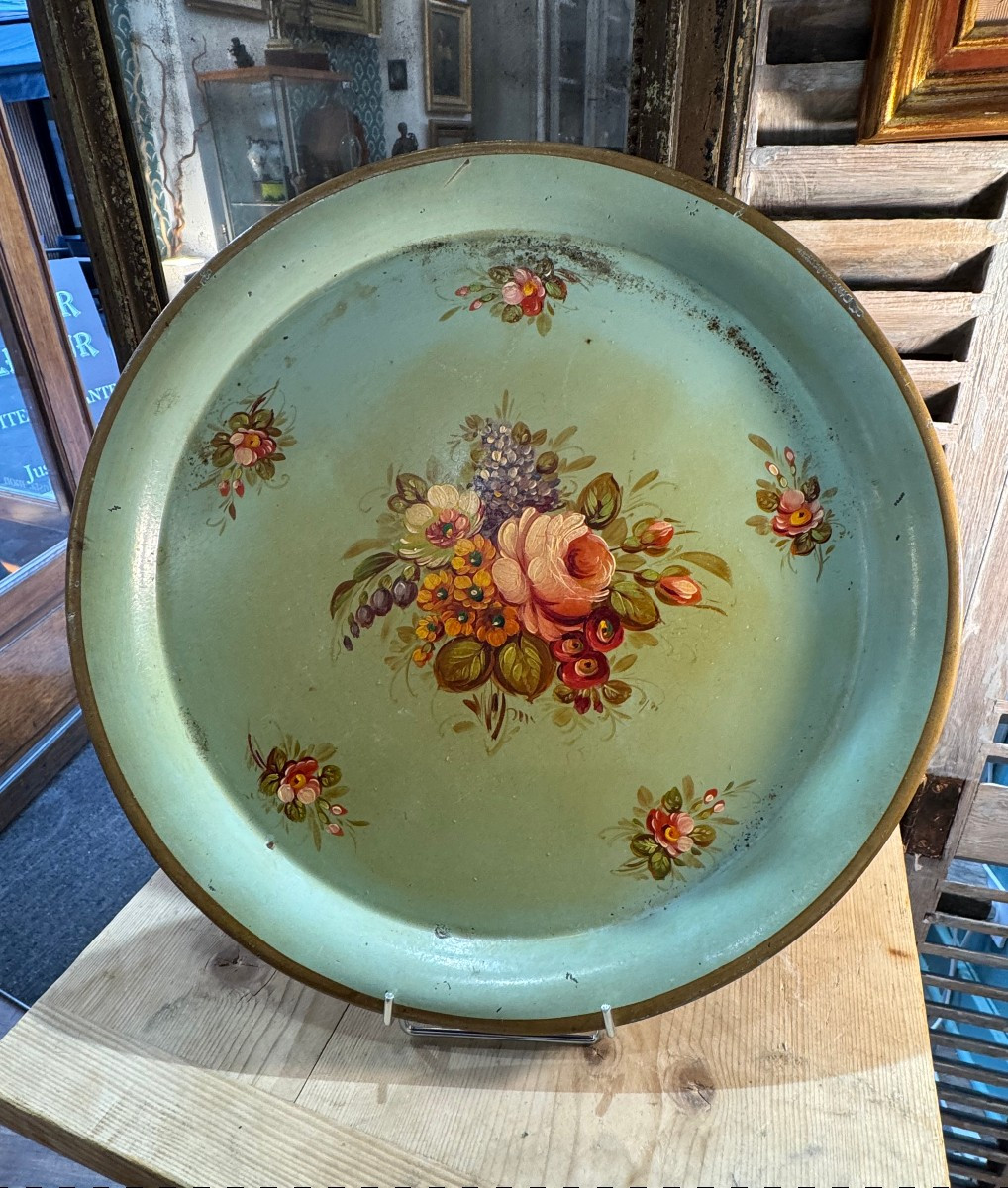 Ancien plateau en tôle peint à décor floral debut XX eme 