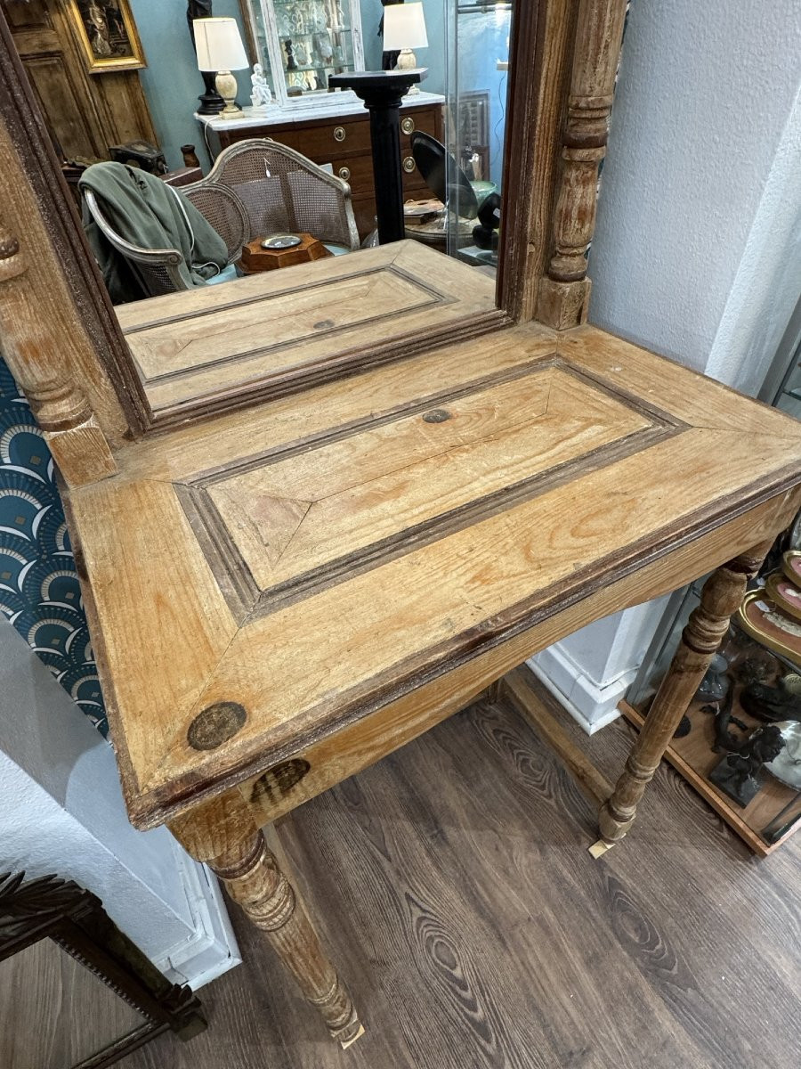 ancien vestiaire en bois de résineux vers 1900 console d'entrée tablette miroir patine-photo-3