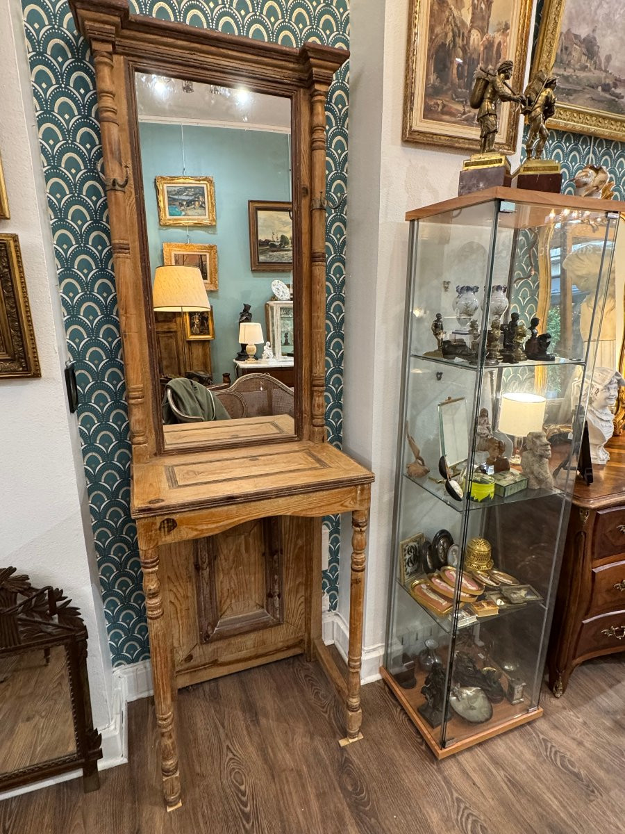 ancien vestiaire en bois de résineux vers 1900 console d'entrée tablette miroir patine-photo-4