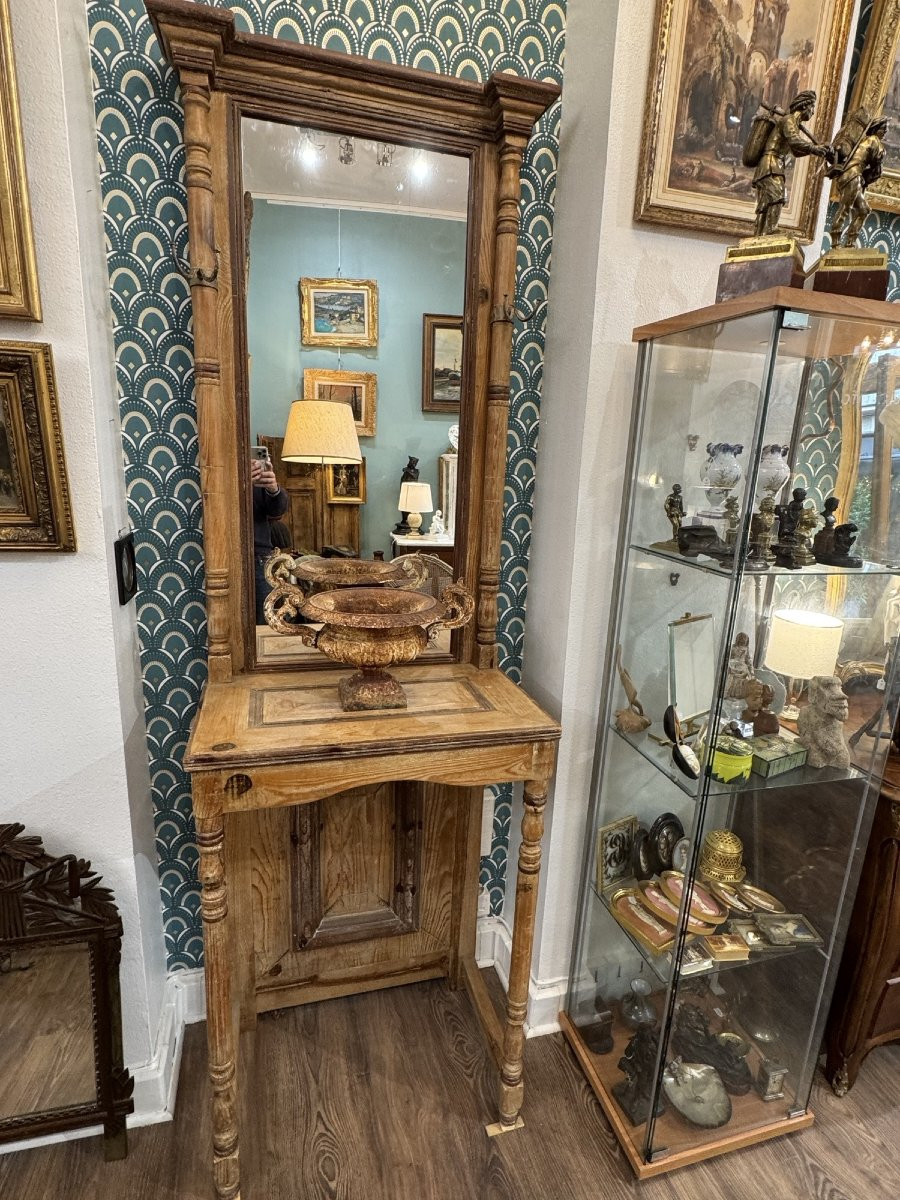 ancien vestiaire en bois de résineux vers 1900 console d'entrée tablette miroir patine-photo-5