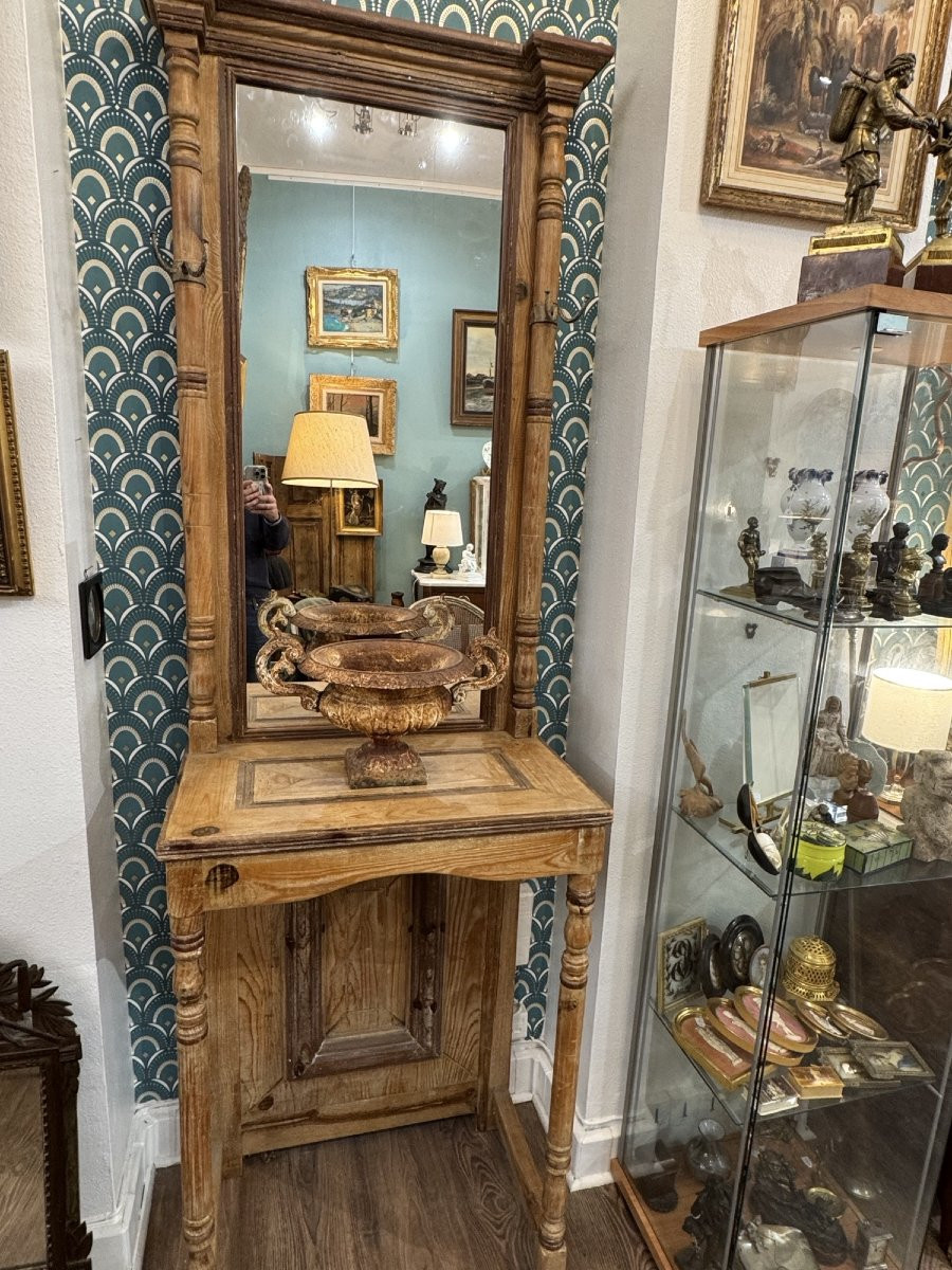ancien vestiaire en bois de résineux vers 1900 console d'entrée tablette miroir patine-photo-6