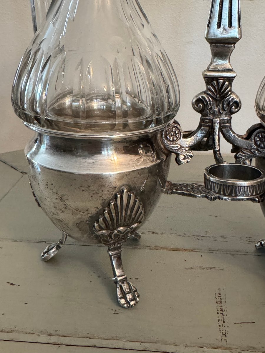 Antique Silver-plated Metal Servant, 19th Century, Louis XV Style, Crystal, Oil And Vinegar Cruet -photo-3