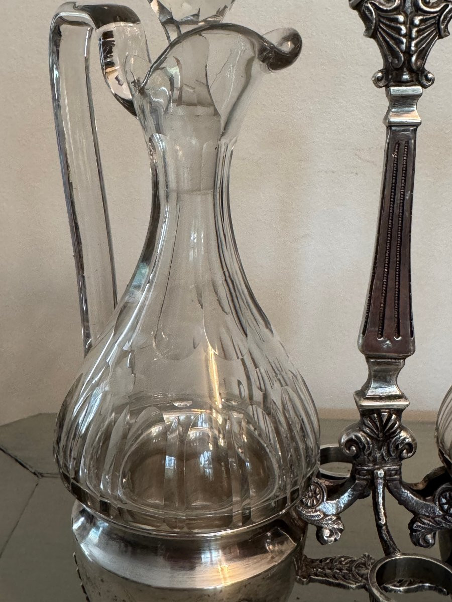 Antique Silver-plated Metal Servant, 19th Century, Louis XV Style, Crystal, Oil And Vinegar Cruet -photo-4