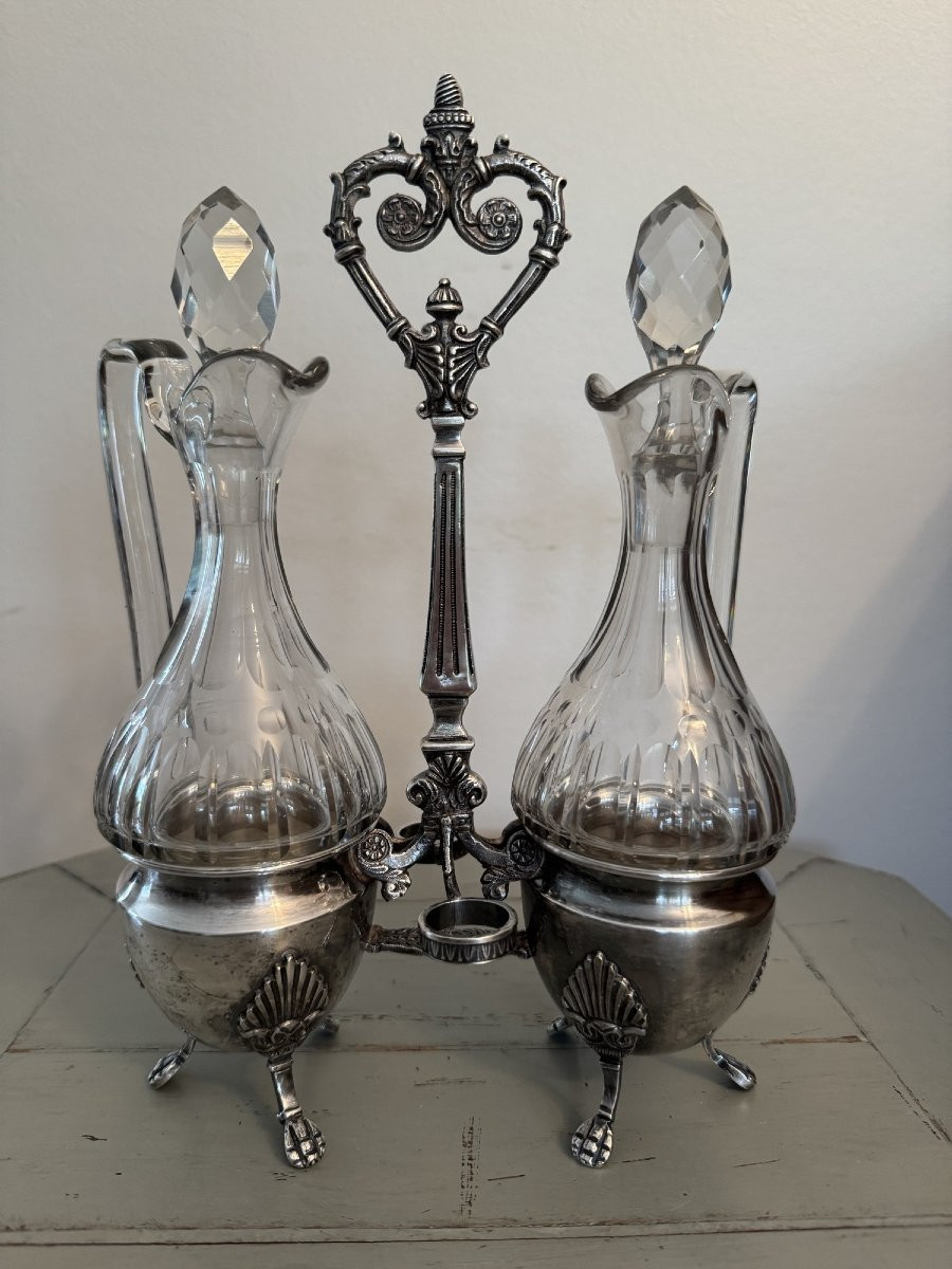Antique Silver-plated Metal Servant, 19th Century, Louis XV Style, Crystal, Oil And Vinegar Cruet -photo-1