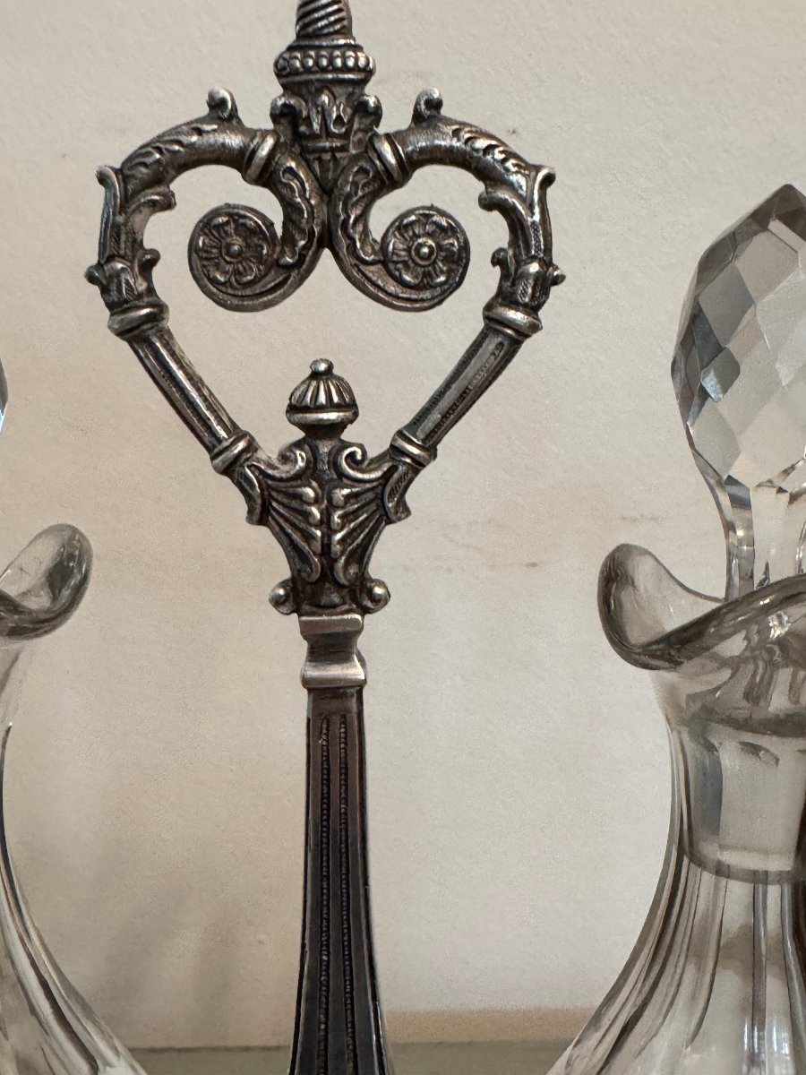 Antique Silver-plated Metal Servant, 19th Century, Louis XV Style, Crystal, Oil And Vinegar Cruet -photo-3