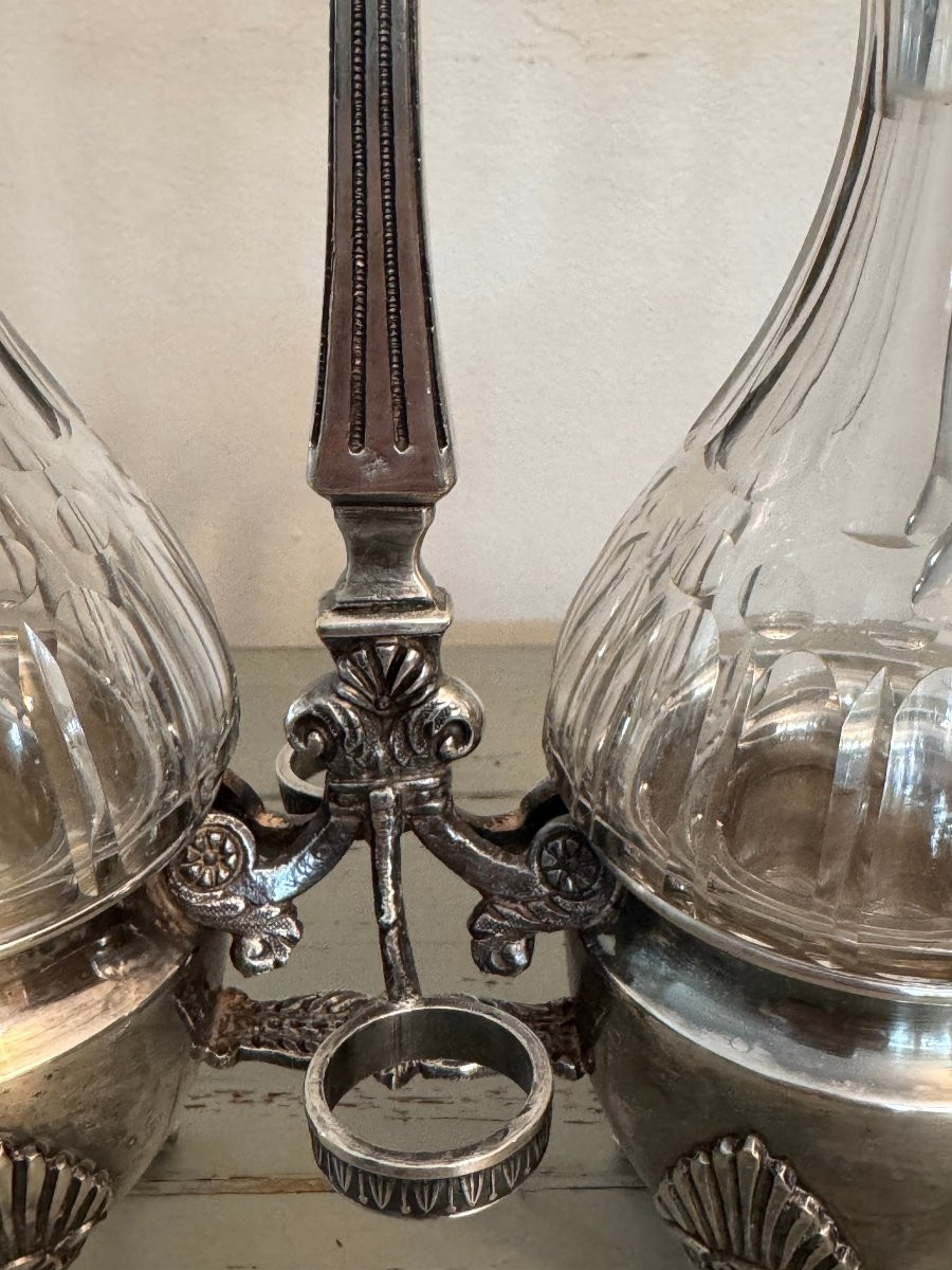 Antique Silver-plated Metal Servant, 19th Century, Louis XV Style, Crystal, Oil And Vinegar Cruet -photo-4