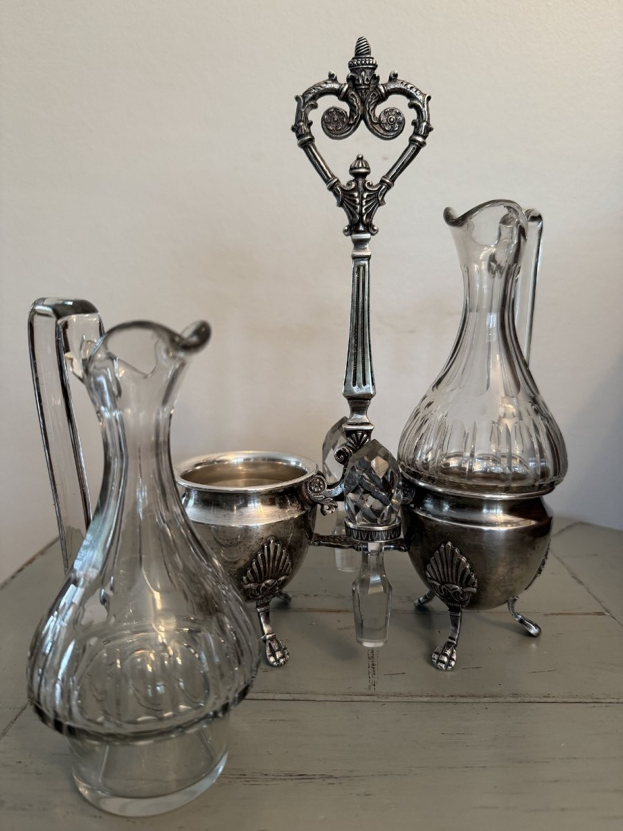 Antique Silver-plated Metal Servant, 19th Century, Louis XV Style, Crystal, Oil And Vinegar Cruet -photo-5