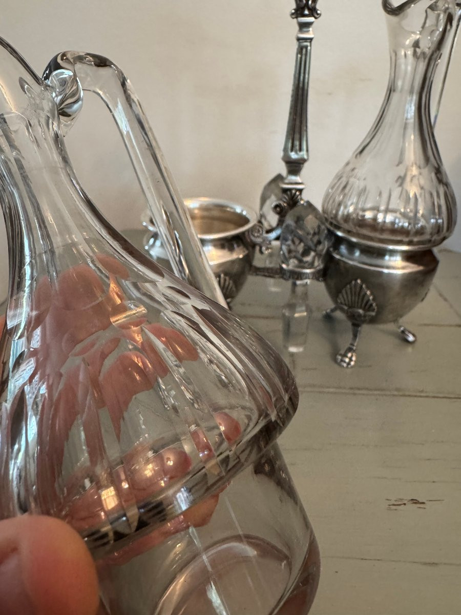Antique Silver-plated Metal Servant, 19th Century, Louis XV Style, Crystal, Oil And Vinegar Cruet -photo-7