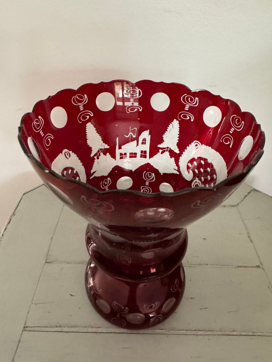 Antique Vase In Engraved Red Bohemian Crystal, Napoleon III, 19th Century-photo-4
