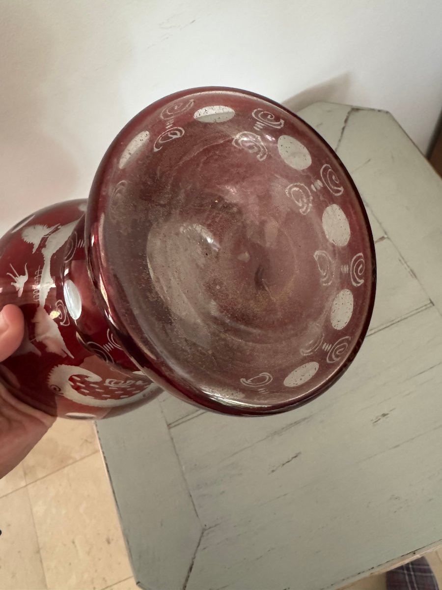 Antique Vase In Engraved Red Bohemian Crystal, Napoleon III, 19th Century-photo-7