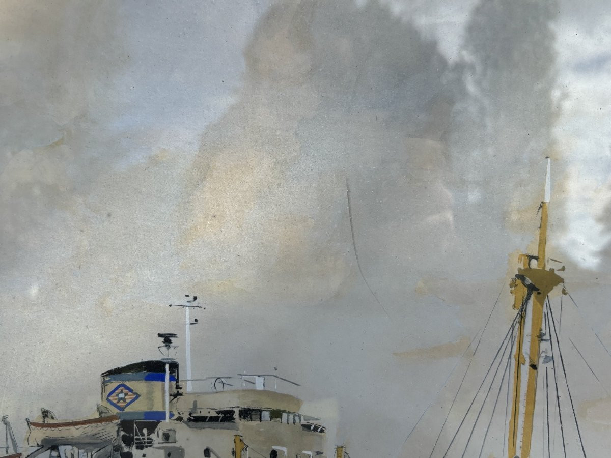 Old Enhanced Print Marine By A Brenet 20th Century Marine Painter Old Cargo Painting-photo-3