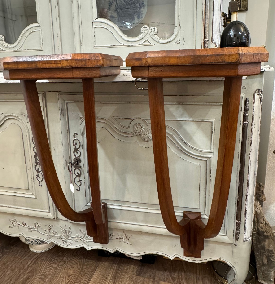 Antique Pair Of Art Deco Wall Consoles Circa 1930 In Walnut Antique Bedside Tables 
