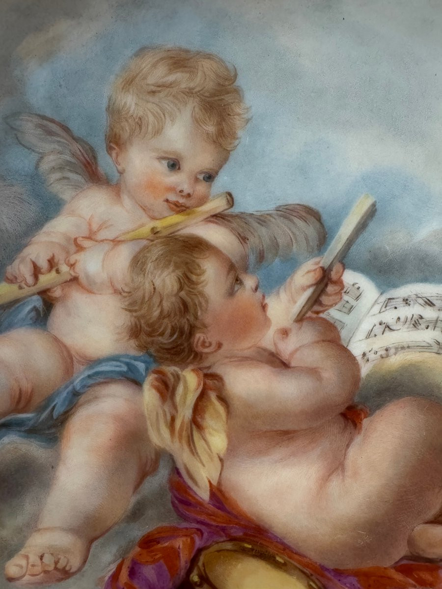 Ancienne en assiette en porcelaine début XIX eme siècle aux Putti musiciens monture bronze-photo-3