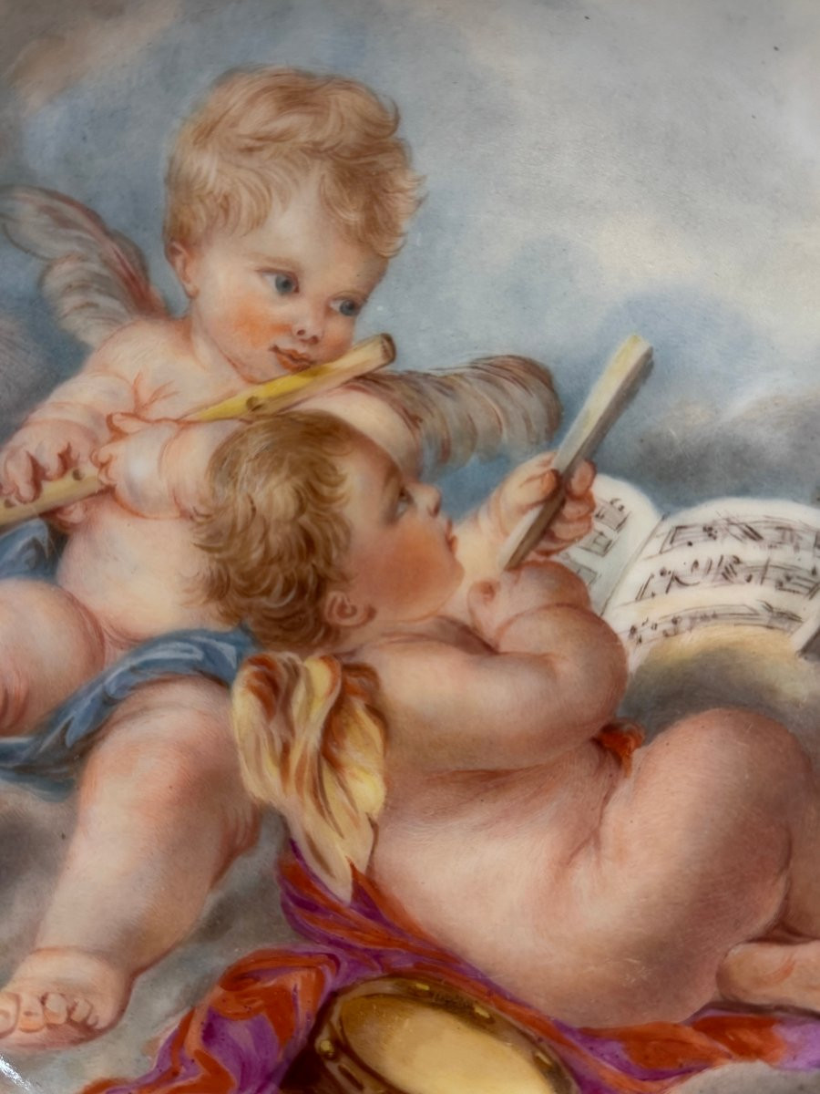 Ancienne en assiette en porcelaine début XIX eme siècle aux Putti musiciens monture bronze-photo-4