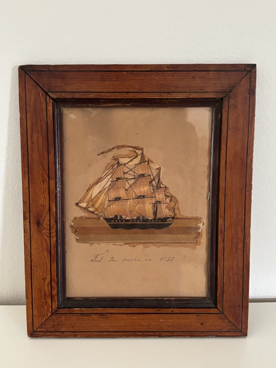 Old Frame Of A Small Marine Painting Of A Ship In Straw Marquetry From The Late 19th Century -photo-1
