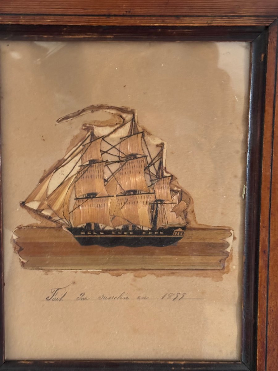 Old Frame Of A Small Marine Painting Of A Ship In Straw Marquetry From The Late 19th Century -photo-2