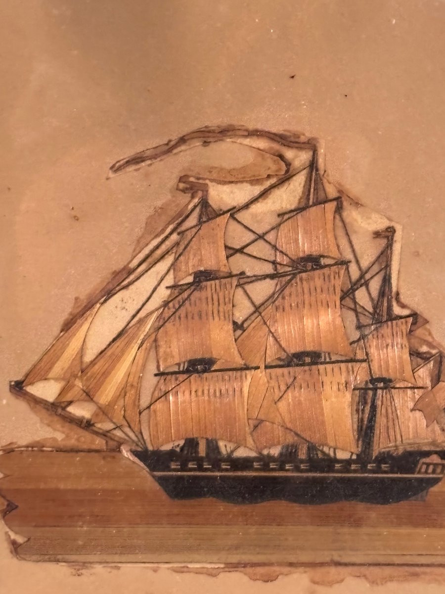 Old Frame Of A Small Marine Painting Of A Ship In Straw Marquetry From The Late 19th Century -photo-3