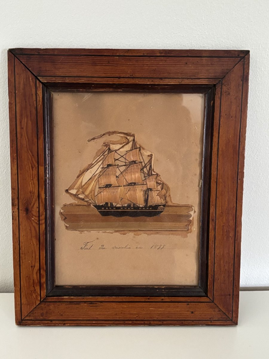 Old Frame Of A Small Marine Painting Of A Ship In Straw Marquetry From The Late 19th Century -photo-5
