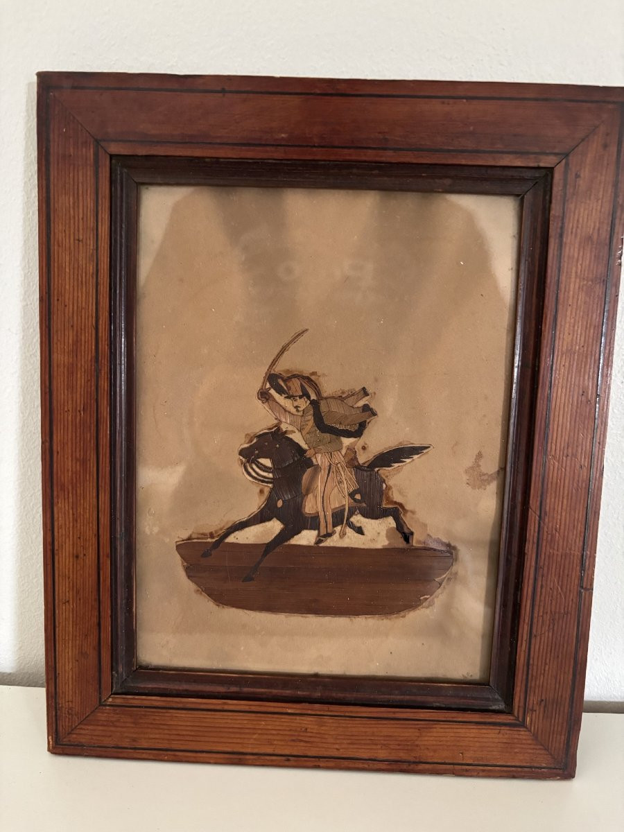 Old Small Miniature Painting: Hussar Frame In Straw Marquetry, Late 19th Century-photo-1