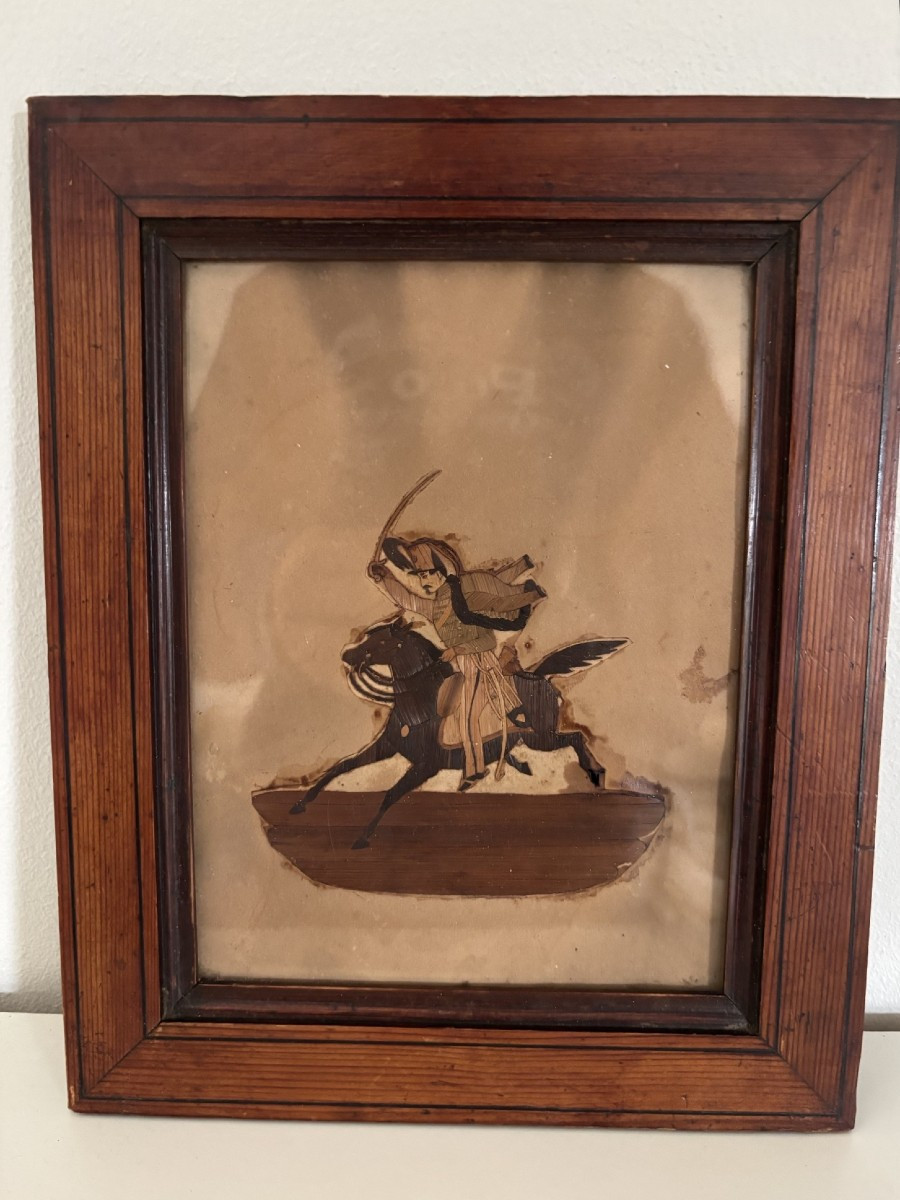 Old Small Miniature Painting: Hussar Frame In Straw Marquetry, Late 19th Century