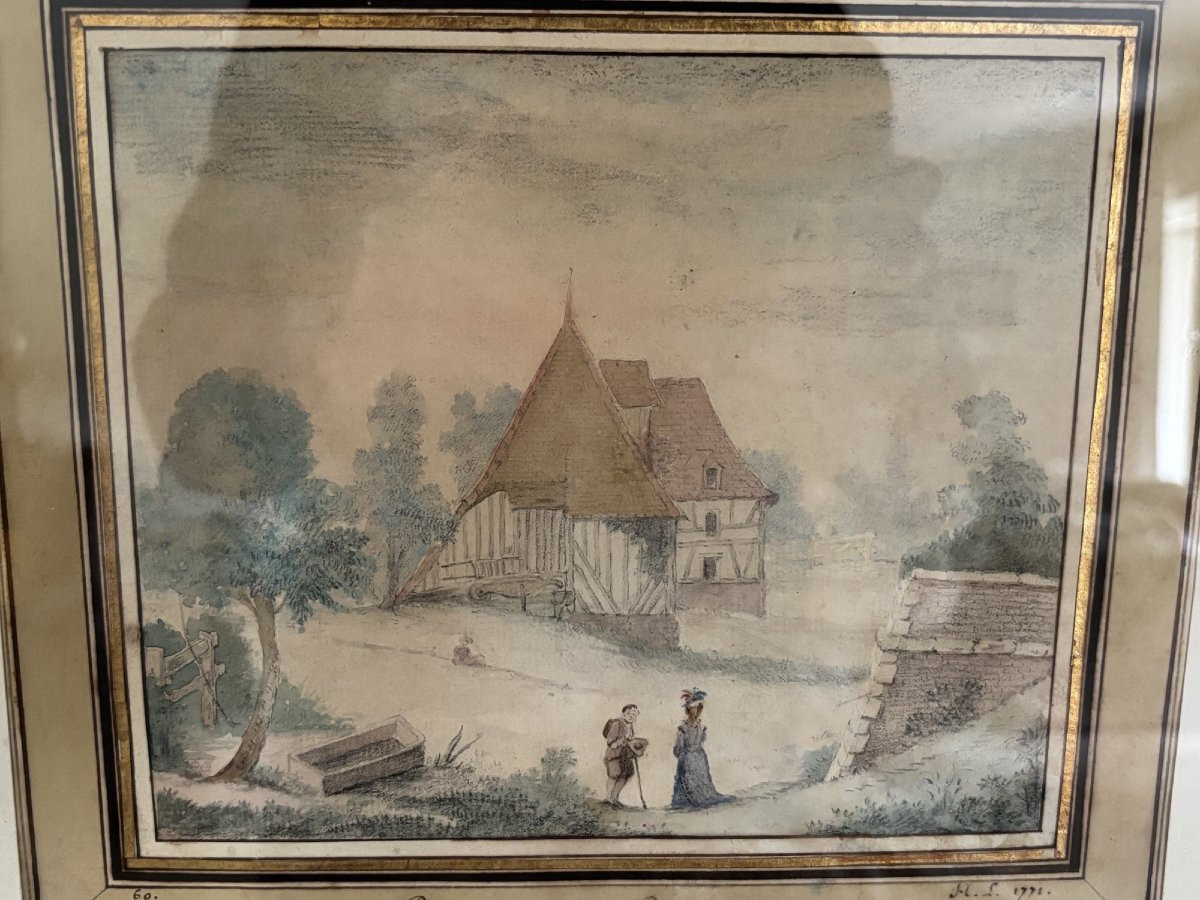 Ancien dessin du XVIII eme siècle, la basse cour de Beuvron mongrame HL et date 1771-photo-5