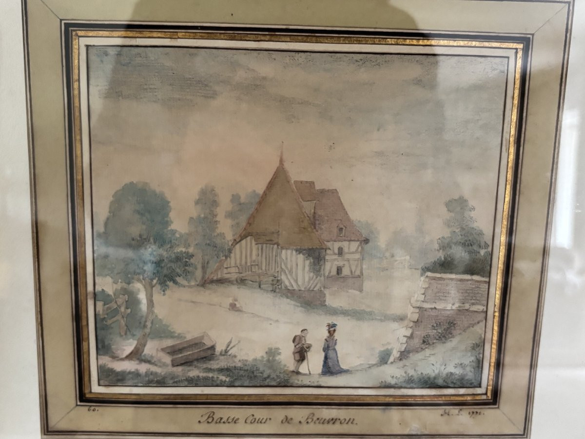 Ancien dessin du XVIII eme siècle, la basse cour de Beuvron mongrame HL et date 1771-photo-7