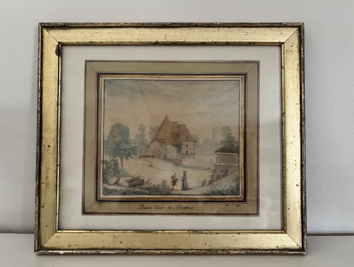 Ancien dessin du XVIII eme siècle, la basse cour de Beuvron mongrame HL et date 1771