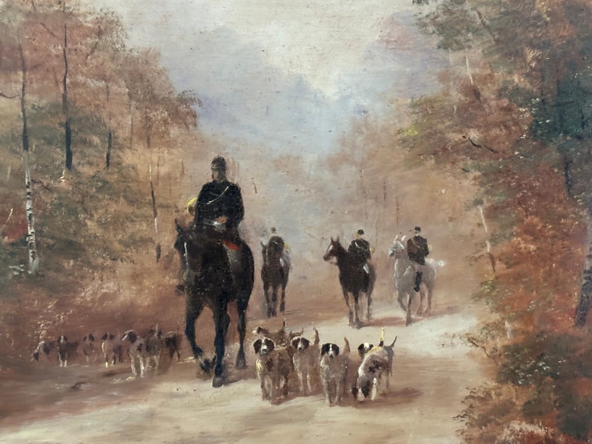 Antique Painting Of A Hunting Court Circa 1900, Oil On Cardboard, Horses And Dogs, French School-photo-3