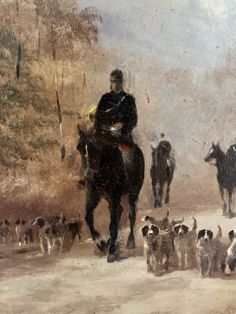 Antique Painting Of A Hunting Court Circa 1900, Oil On Cardboard, Horses And Dogs, French School-photo-1