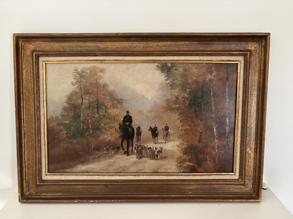Antique Painting Of A Hunting Court Circa 1900, Oil On Cardboard, Horses And Dogs, French School-photo-4