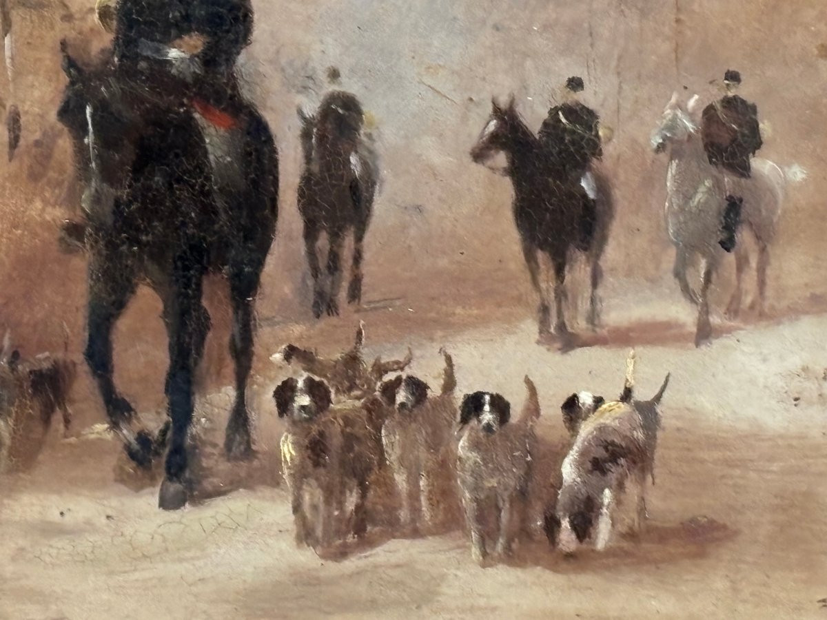Antique Painting Of A Hunting Court Circa 1900, Oil On Cardboard, Horses And Dogs, French School-photo-5