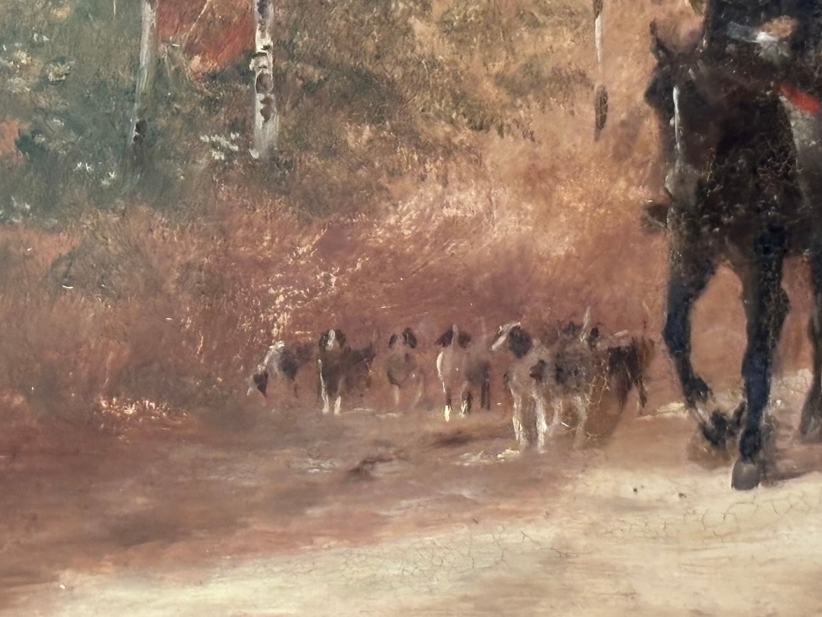 Antique Painting Of A Hunting Court Circa 1900, Oil On Cardboard, Horses And Dogs, French School-photo-6