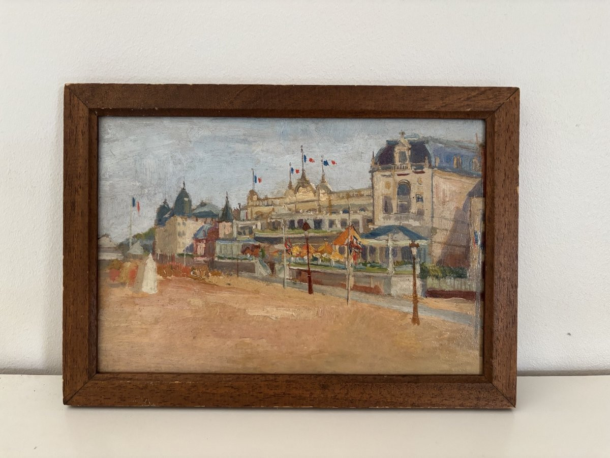Ancien petit tableau Trouville huile sur panneau vers 1900 HSP marine bord de mer-photo-2