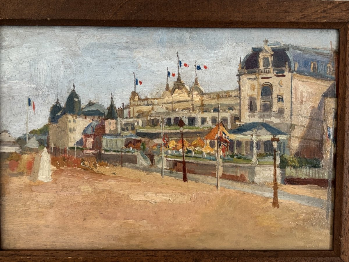 Ancien petit tableau Trouville huile sur panneau vers 1900 HSP marine bord de mer-photo-3