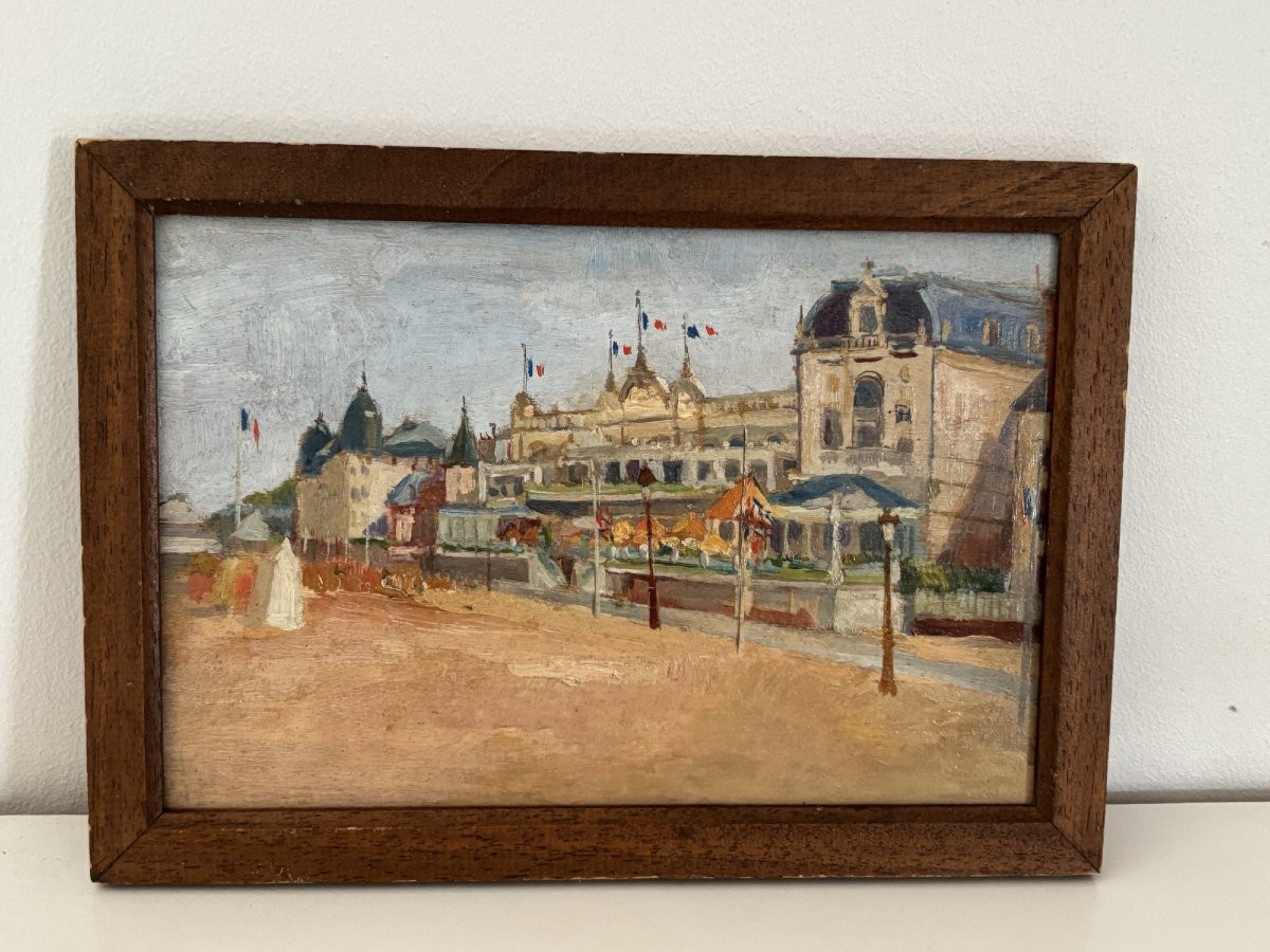 Ancien petit tableau Trouville huile sur panneau vers 1900 HSP marine bord de mer-photo-1
