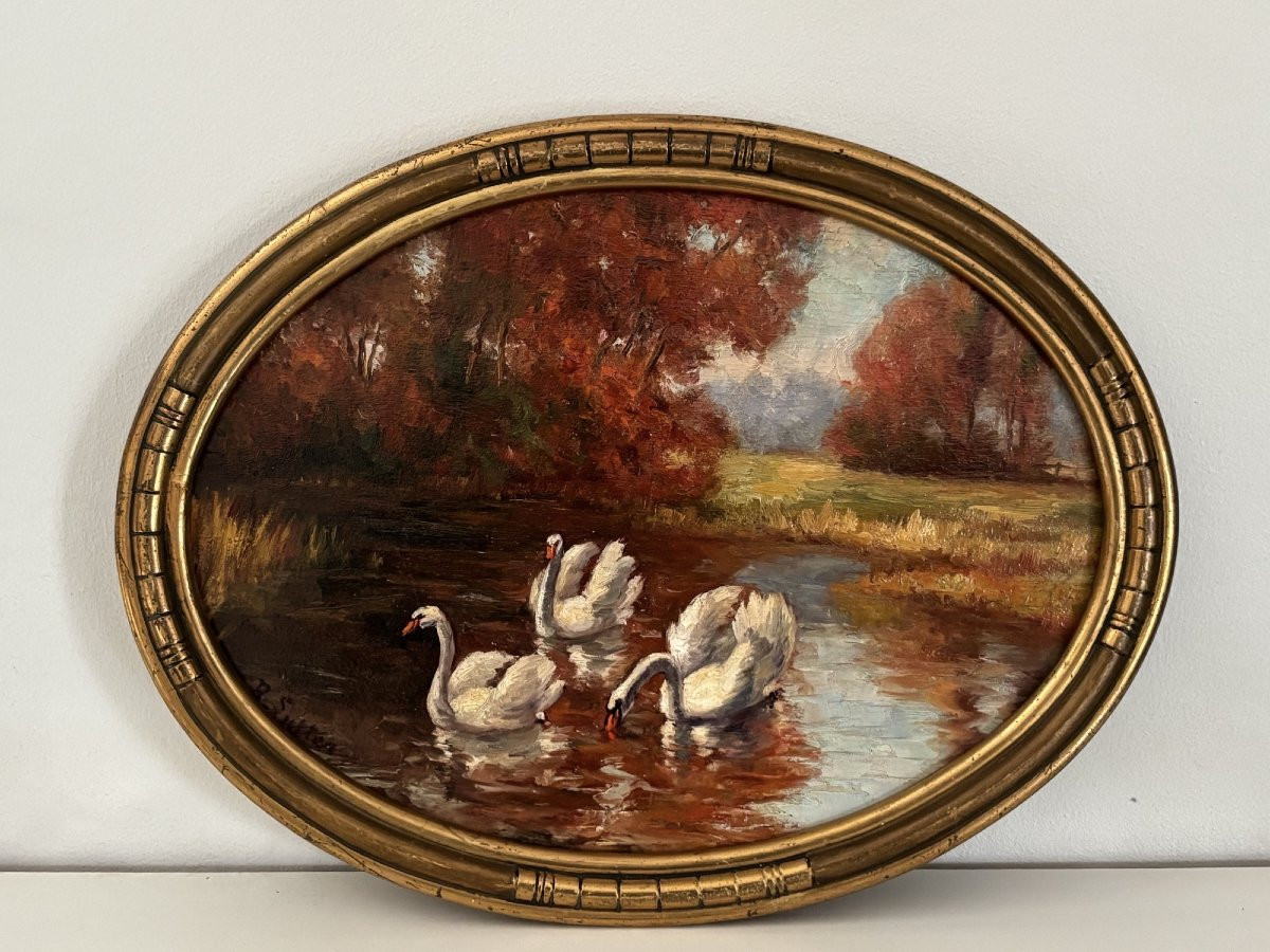 Tableau ancien les cygnes vers 1920 art nouveau huile sur panneau par Rodolphe Lutter-photo-1