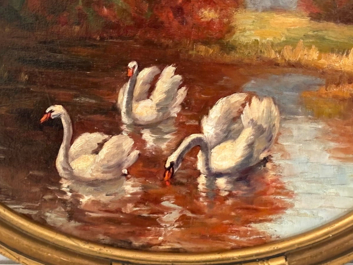 Tableau ancien les cygnes vers 1920 art nouveau huile sur panneau par Rodolphe Lutter-photo-2